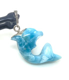 Larimar Dolphin Pendant - 14g Silver Pave Diamond Larimar Pendant , Spiritual Emotional Healing Chakra Jewelry, December Birthstone Gifts