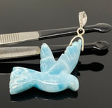 Rare Larimar Bird Pave Diamond Silver Pendant, Spiritual Jewelry, Chakra Healing Gemstone Jewelry, Calmness Crystal Pendant, Gifts for Her