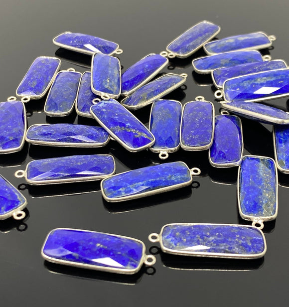 7 Pcs Lapis Lazuli Bar Charms, Silver Plated Lapis Lazuli Gemstone Charms, Bulk Jewelry Findings