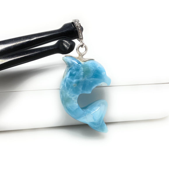 14g Larimar Dolphin Pendant, Silver Pave Diamond Larimar Pendant, Bohemian Jewelry, Dominican Republic Larimar Pendant