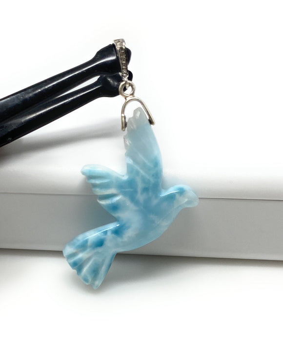 14g Rare Large Larimar Bird Pave Diamond Pendant, Silver Bohemian Jewelry, Dominican Republic Larimar Pendant, Larimar Bird Pendant