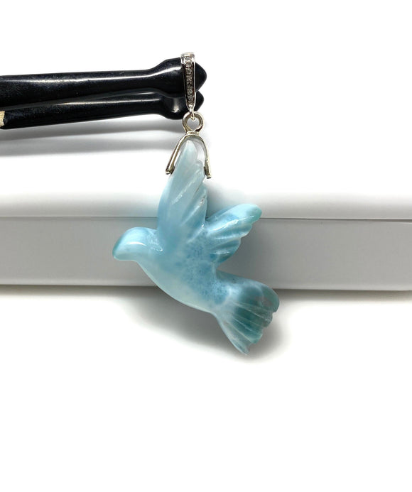 16g Rare Large Larimar Bird Pendant, Pave Diamond Larimar Pendant, Silver Bohemian Jewelry, Dominican Republic Larimar Pendant