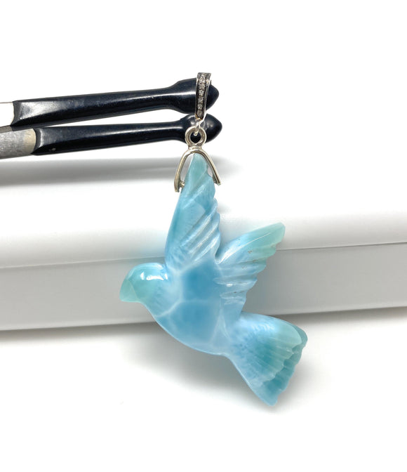 16g Rare Large Larimar Bird Pendant, Pave Diamond Larimar Pendant, Silver Bohemian Jewelry, Dominican Republic Larimar Pendant