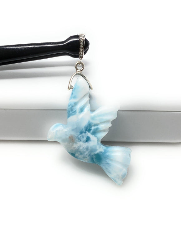 18g Rare Large Larimar Bird Pendant, Pave Diamond Larimar Pendant, Silver Bohemian Jewelry, Dominican Republic Larimar Pendant