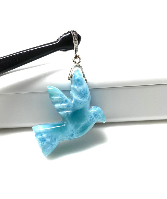 18g Rare Large Larimar Bird Pendant, Pave Diamond Larimar Pendant, Silver Bohemian Jewelry, Dominican Republic Larimar Pendant