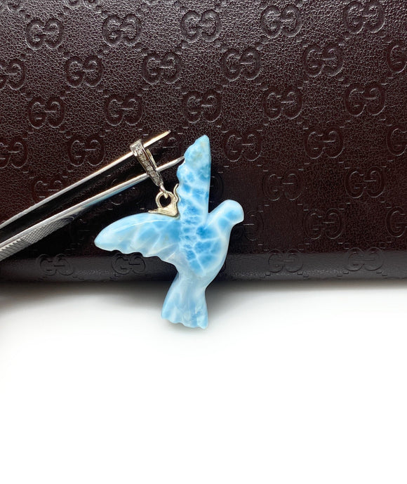 12g Rare Large Larimar Bird Pave Diamond Pendant, Silver Bohemian Jewelry, Dominican Republic Larimar Dove Pendant