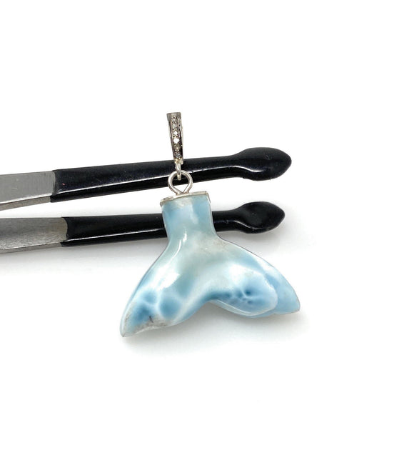 8g Rare Larimar Mermaid Tail Pendant, Sterling Silver Pave Diamond Pendant, Bohemian Jewelry, Larimar Whale Tail Pendant