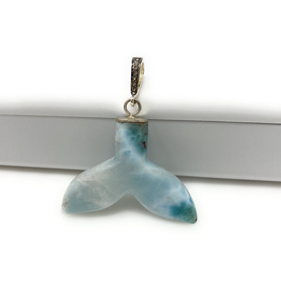 10g Rare Larimar Mermaid Tail Pendant, Sterling Silver Pave Diamond Pendant, Bohemian Jewelry, Larimar Whale Tail Pendant