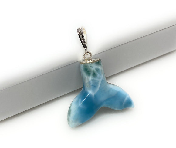 14g Rare Larimar Mermaid Tail Pendant, Sterling Silver Pave Diamond Pendant, Bohemian Jewelry, Large Larimar Whale Tail Pendant