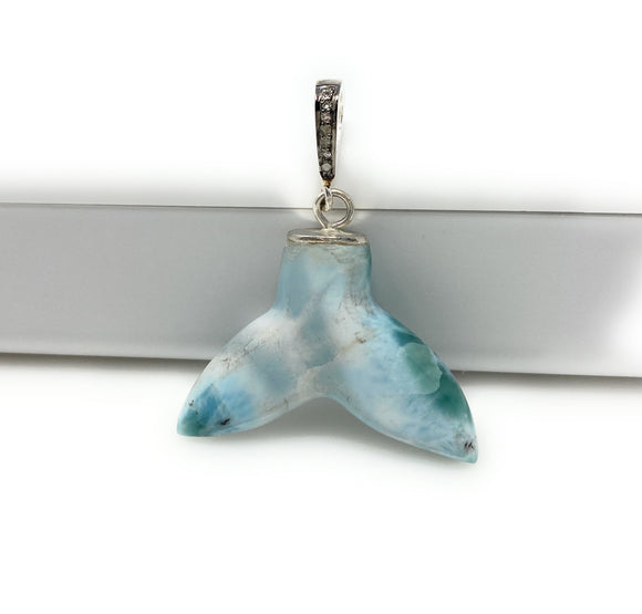 Larimar Mermaid Tail Pendant, Sterling Silver Pave Diamond Pendant, Bohemian Jewelry, Larimar Whale Tail Pendant