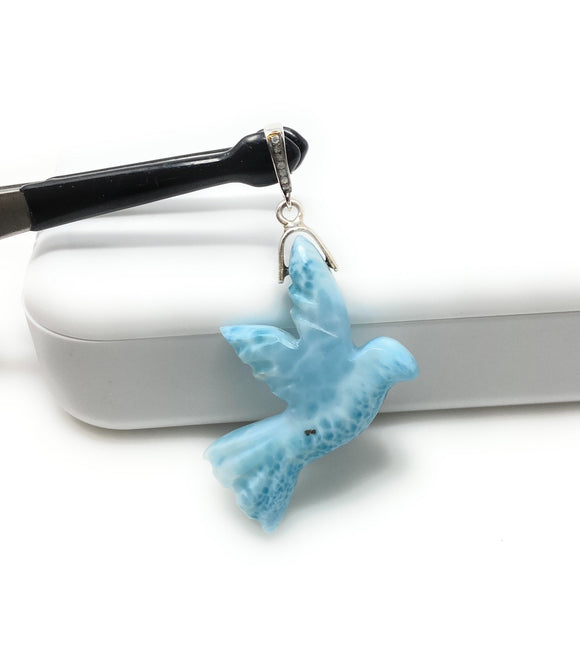 14g Rare Large Larimar Bird Pave Diamond Pendant, Silver Bohemian Jewelry, Dominican Republic Larimar Pendant, Larimar Bird Pendant