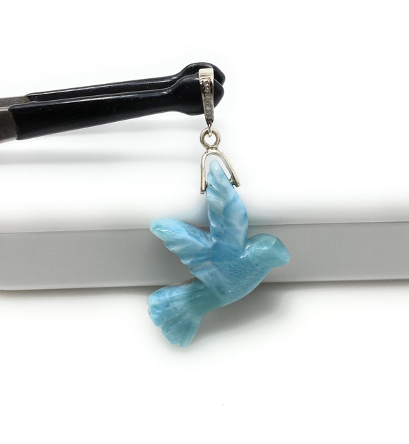 12g Rare Large Larimar Bird Pave Diamond Pendant, Silver Bohemian Jewelry, Dominican Republic Larimar Bird Pendant