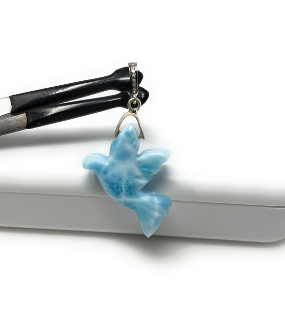 14g Rare Large Larimar Bird Pave Diamond Pendant, Silver Bohemian Jewelry, Dominican Republic Larimar Pendant, Larimar Bird Pendant