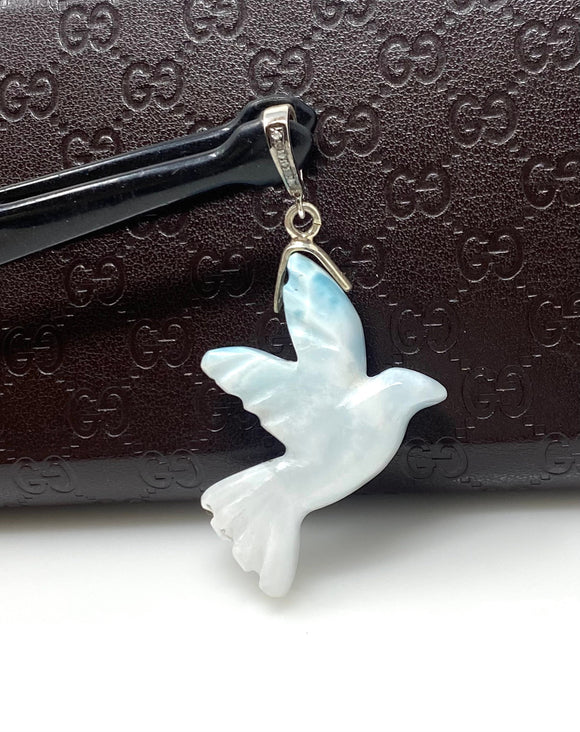 12g Rare Large Larimar Bird Pave Diamond Pendant, Silver Bohemian Jewelry, Dominican Republic Larimar Dove Pendant