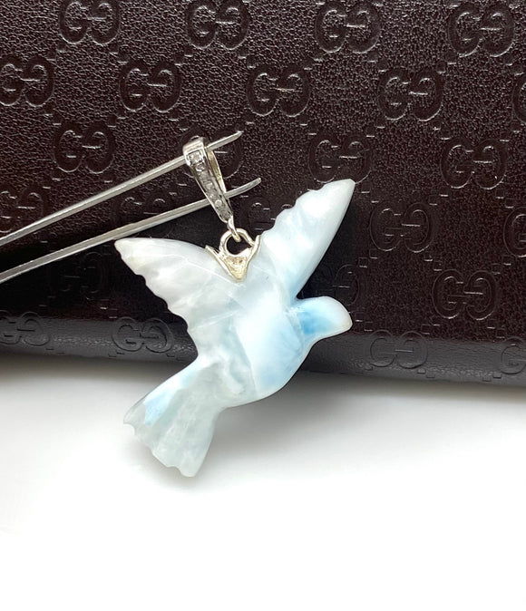 14g Rare Larimar Bird Pave Diamond Pendant, Silver Bohemian Jewelry, Dominican Republic Larimar Pendant, Larimar Bird Pendant