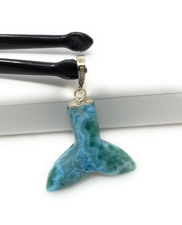 14g Rare Larimar Mermaid Tail Pendant, Sterling Silver Pave Diamond Pendant, Bohemian Jewelry, Large Larimar Whale Tail Pendant