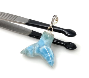 6g Larimar Mermaid Tail Pendant, Sterling Silver Pave Diamond Pendant, Bohemian Jewelry, Larimar Whale Tail Pendant
