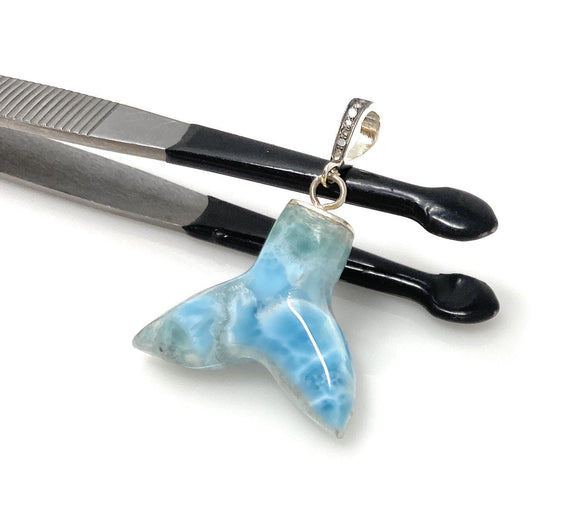 6g Larimar Mermaid Tail Pendant, Sterling Silver Pave Diamond Pendant, Bohemian Jewelry, Larimar Whale Tail Pendant
