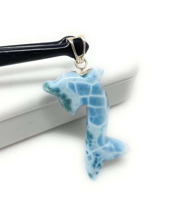 16g Turtleback Larimar Dolphin Pendant, Caribbean Larimar Pendant, Atlantis Stone Bohemian Jewelry, Dominican Republic Larimar Pendant