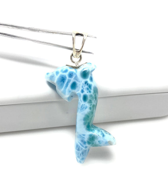 14g Turtleback Larimar Dolphin Pendant, Caribbean Larimar Pendant, Atlantis Stone Bohemian Jewelry, Dominican Republic Larimar Pendant