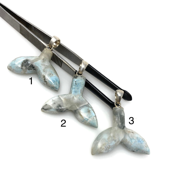 Set of 3Pcs Larimar Mermaid Tail Pendants, Sterling Silver Pendant, Bohemian Jewelry, Larimar Whale Tail Pendant