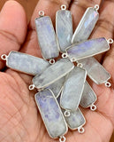 5 Pcs Rainbow Moonstone Sterling Silver Connectors, Gemstone Bar Connector Charms, Bulk Jewelry Supplies, 30x9.5mm - 32x10mm