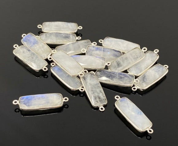 5 Pcs Rainbow Moonstone Sterling Silver Connectors, Gemstone Bar Connector Charms, Bulk Jewelry Supplies, 30x9.5mm - 32x10mm