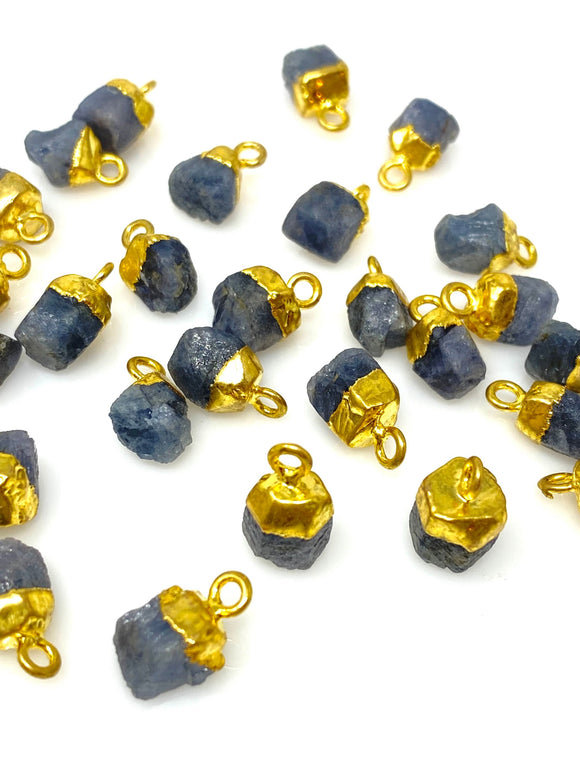 10 Pcs Raw Blue Sapphire Gemstone Charms, Rough Gold Electroplated Sapphire Cap Charms, Bulk Wholesale Jewelry Supplies, 12mm- 15mm