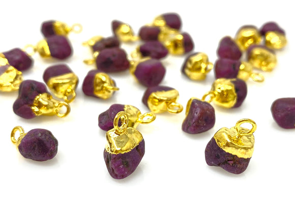 10 Pcs Raw Ruby Gemstone Charms, Rough Gold Electroplated Ruby Cap Charms, Bulk Wholesale Jewelry Supplies, 12mm- 15mm