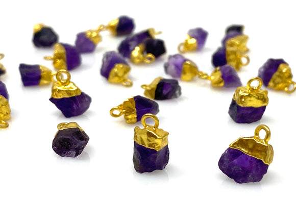 10 Pcs Raw Amethyst Gemstone Charms, Gold Electroplated Rough Amethyst Cap Charms, Bulk Wholesale Jewelry Supplies, 12mm- 15mm