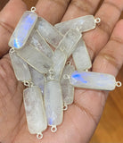 5 Pcs Rainbow Moonstone Sterling Silver Connectors, Gemstone Bar Connector Charms, Bulk Jewelry Supplies, 30x9.5mm - 32x10mm