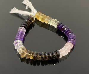 8" Natural Multi Stone German Cut Gemstone Beads - Rose Quartz/ Amethyst/ Citrine / Smokey Quartz/ Green Amethyst , 9mm- 10mm