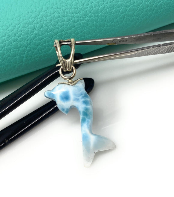 Reversible Larimar Dolphin Pendant, Caribbean Larimar Pendant, Atlantis Stone Bohemian Jewelry, Dominican Republic Larimar Pendant