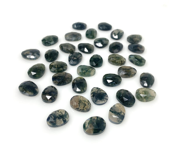 10 Pcs Natural Green Moss Agate Rose Cut Cabochons, Loose Gemstones, Ring Stones, 11x9mm - 14x11mm