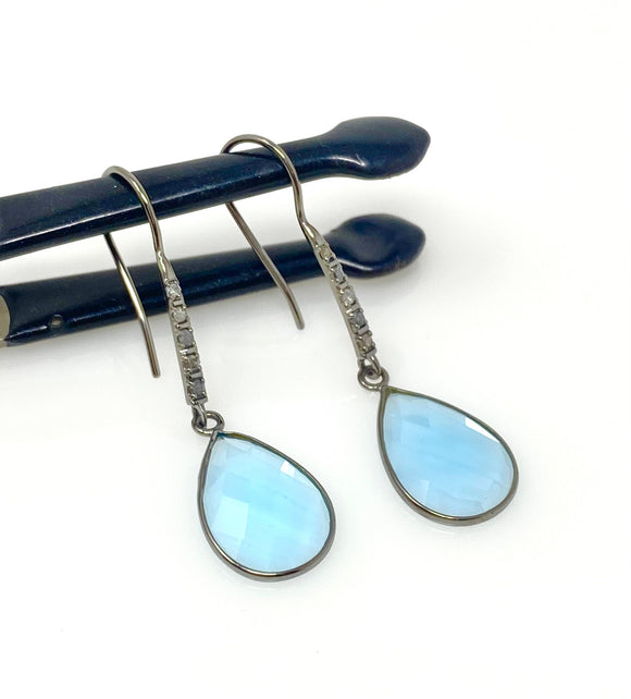 Genuine Blue Topaz Pave Diamond Earrings, Black Rhuthenium over Sterling Silver Gemstone Earrings, Vintage Jewelry