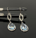 Genuine Sky Blue Topaz Pave Diamond Earrings, Black Rhuthenium over Sterling Silver Gemstone Earrings, Vintage Jewelry, 1.85” x 0.55”