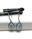 Genuine Sky Blue Topaz Pave Diamond Earrings, Sterling Silver Gemstone Earrings, Vintage Jewelry, 1.85” x 0.55”