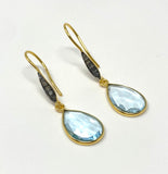 Genuine Sky Blue Topaz Pave Diamond Earrings, 14K Gold Plated Sterling Silver Gemstone Earrings, Vintage Jewelry, 1.55” x 0.45”