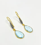 Genuine Sky Blue Topaz Pave Diamond Earrings, 14K Gold Plated Sterling Silver Gemstone Earrings, Vintage Jewelry, 1.55” x 0.45”