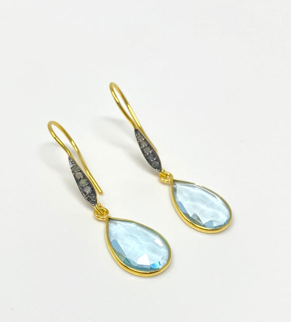 Genuine Sky Blue Topaz Pave Diamond Earrings, 14K Gold Plated Sterling Silver Gemstone Earrings, Vintage Jewelry, 1.55” x 0.45”