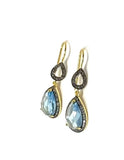 Genuine Sky Blue Topaz Pave Diamond Earrings, 14K Gold Plated Silver Gemstone Earrings, Vintage Jewelry, 1.65” x 0.55”