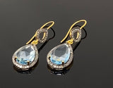 Genuine Sky Blue Topaz Pave Diamond Earrings, 14K Gold Plated Silver Gemstone Earrings, Vintage Jewelry, 1.65” x 0.55”