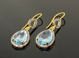 Genuine Sky Blue Topaz Pave Diamond Earrings, 14K Gold Plated Silver Gemstone Earrings, Vintage Jewelry, 1.65” x 0.55”