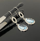 Genuine Sky Blue Topaz Pave Diamond Earrings, Sterling Silver Gemstone Earrings, Vintage Jewelry, 1.75”x 0.55”