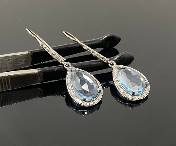 Genuine Sky Blue Topaz Pave Diamond Earrings, Black Rhuthenium over Sterling Silver Gemstone Earrings, Vintage Jewelry, 1.75” x 0.55”