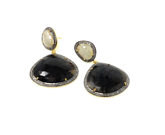 Fancy Sapphire Pave Diamond Earrings, White Sapphire and Smoky Sapphire Earrings , Antique Silver Gemstone Earrings, Gifts for Her