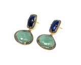 Genuine Emerald and Blue Sapphire Pave Diamond Earrings, Sapphire Earrings, Emerald Earrings, Rare Antique Silver Gemstone Earrings