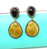 Rare Yellow Sapphire Pave Diamond Earrings, Yellow Sapphire and Smoky Fancy Sapphire Earrings, Genuine Gemstone Earrings