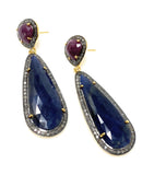 Blue and Dark Pink Sapphire Pave Diamond Earrings, Sapphire Gemstone Earrings