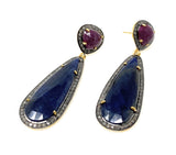 Blue and Dark Pink Sapphire Pave Diamond Earrings, Sapphire Gemstone Earrings